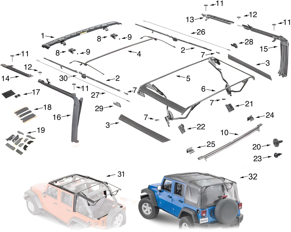 Descubrir 43+ imagen jeep wrangler jk soft top hardware kit