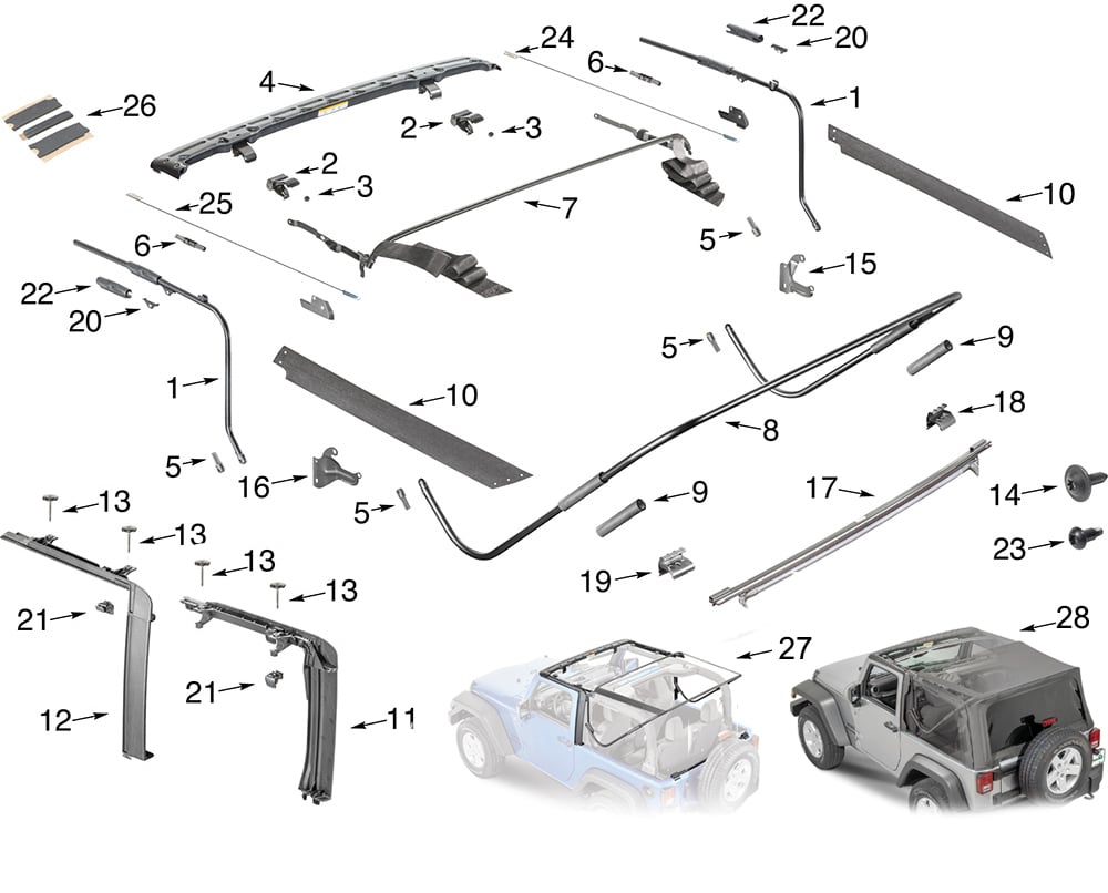 Mopar 68068512AA Soft Top 2nd Folding Bow Assembly for 11-12 Jeep Wrangler  JK 2 Door | Quadratec