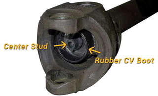 Diagram reference to Drive Shaft Center Stud and Rubber CV Boot.