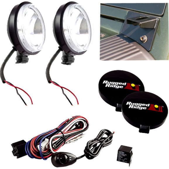 Rugged Ridge 5 Piece Windshield Light Mount Kit with Slim Fog Lights in Black Rugged Ridge 12496.04 5 Piece Windshield Light Mount Kit with Slim Fog Lights in Black for 07-18 Jeep Wrangler JK