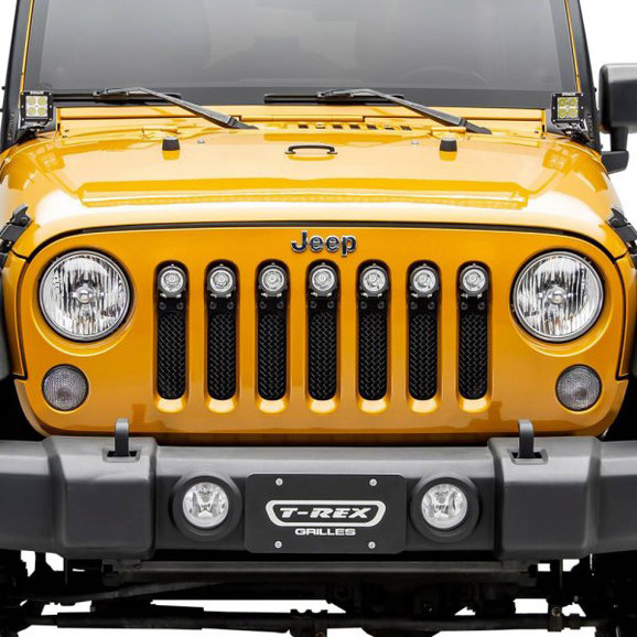 T-Rex Stealth Torch Series Black Mesh Grille with LED Lights T-Rex 6314841-BR Stealth Torch Series Black Mesh Grille with LED Lights for 07-18 Jeep Wrangler JK