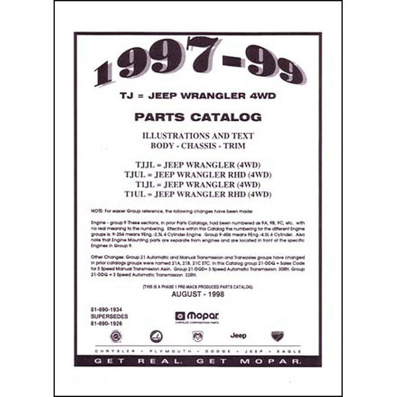 Bishko Automotive Literature Factory Authorized Parts Catalog Bishko Automotive Literature Factory Authorized Parts Catalog for 97-00 Jeep Wrangler, Cherokee & Grand Cherokee Jeeps