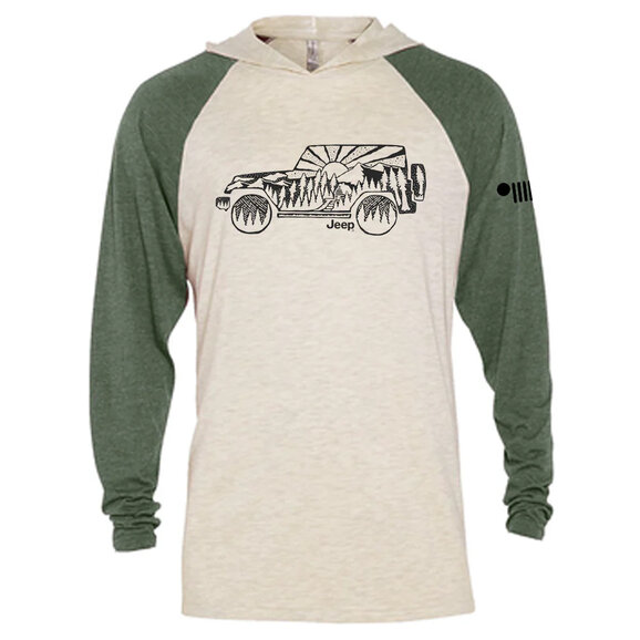 Jeep Merchandise Mens Jeep Atomic Side Long Sleeve Hooded T-Shirt in Moss Green / Natural Jeep Merchandise Mens Jeep Atomic Side Long Sleeve Hooded T-Shirt in Moss Green / Natural