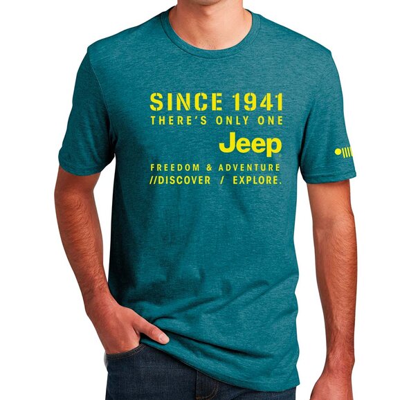 Jeep Merchandise Mens Jeep Stencil T-Shirt in Heather Deep Ocean Green Jeep Merchandise Mens Jeep Stencil T-Shirt in Heather Deep Ocean Green