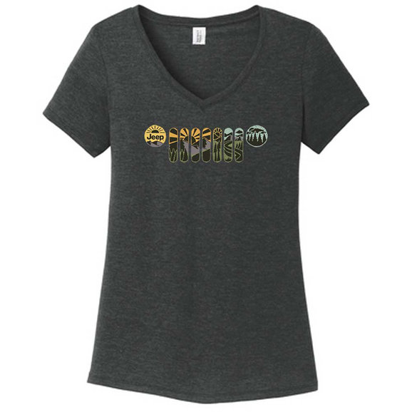 Jeep Merchandise Women's Jeep Atomic Grill Short Sleeve V-Neck T-Shirt in Black Heather Jeep Merchandise Women's Jeep Atomic Grill Short Sleeve V-Neck T-Shirt in Black Heather