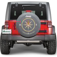 Mopar Jeep Logo Tire Cover Black Denim with "Adventures Begin Here."