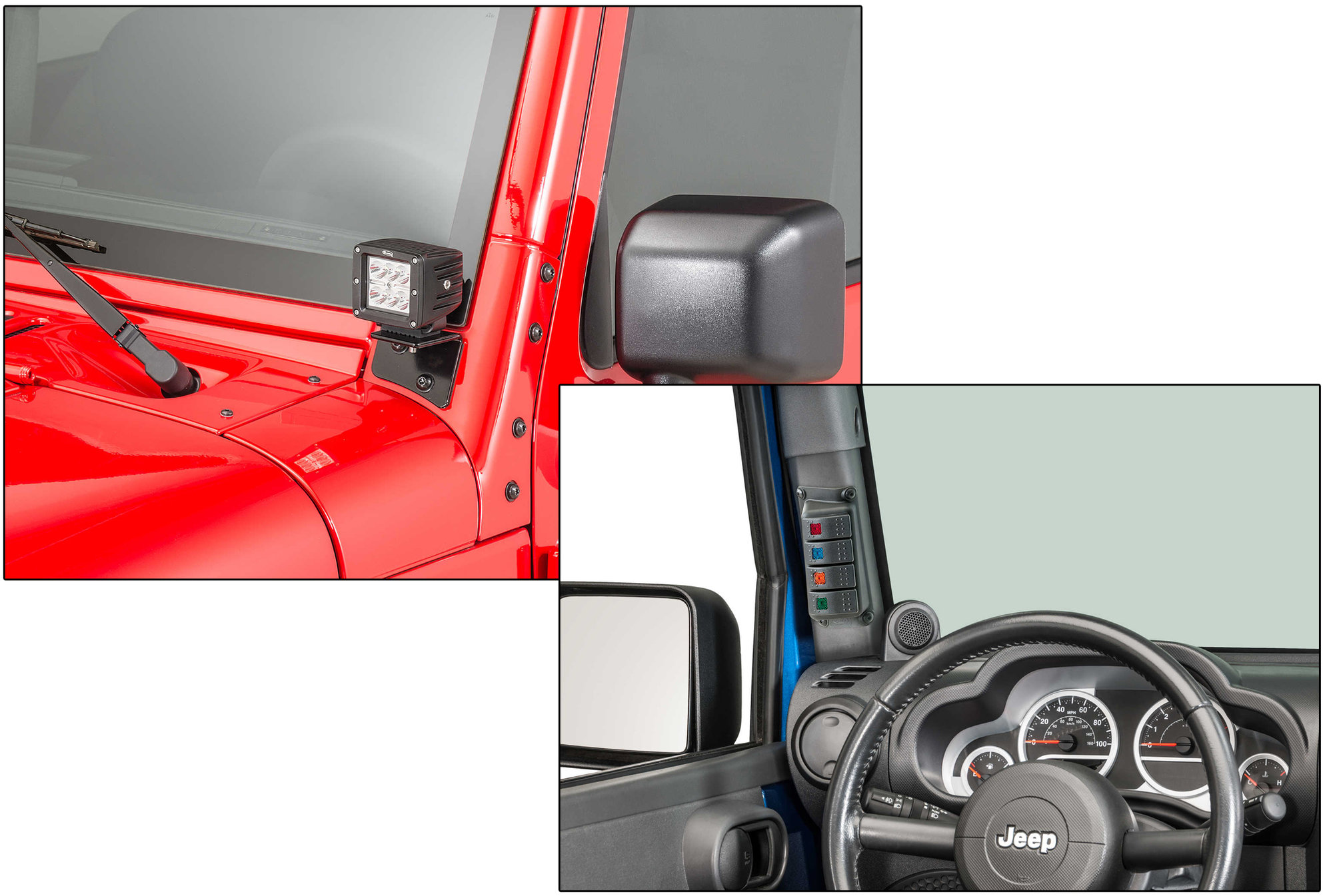 Quadratec 3" Cube LED with Wiring Harness, Windshield Mounting Brackets & Daystar Switch Pillar with Switches for 07-18 Jeep Wrangler JK | Quadratec