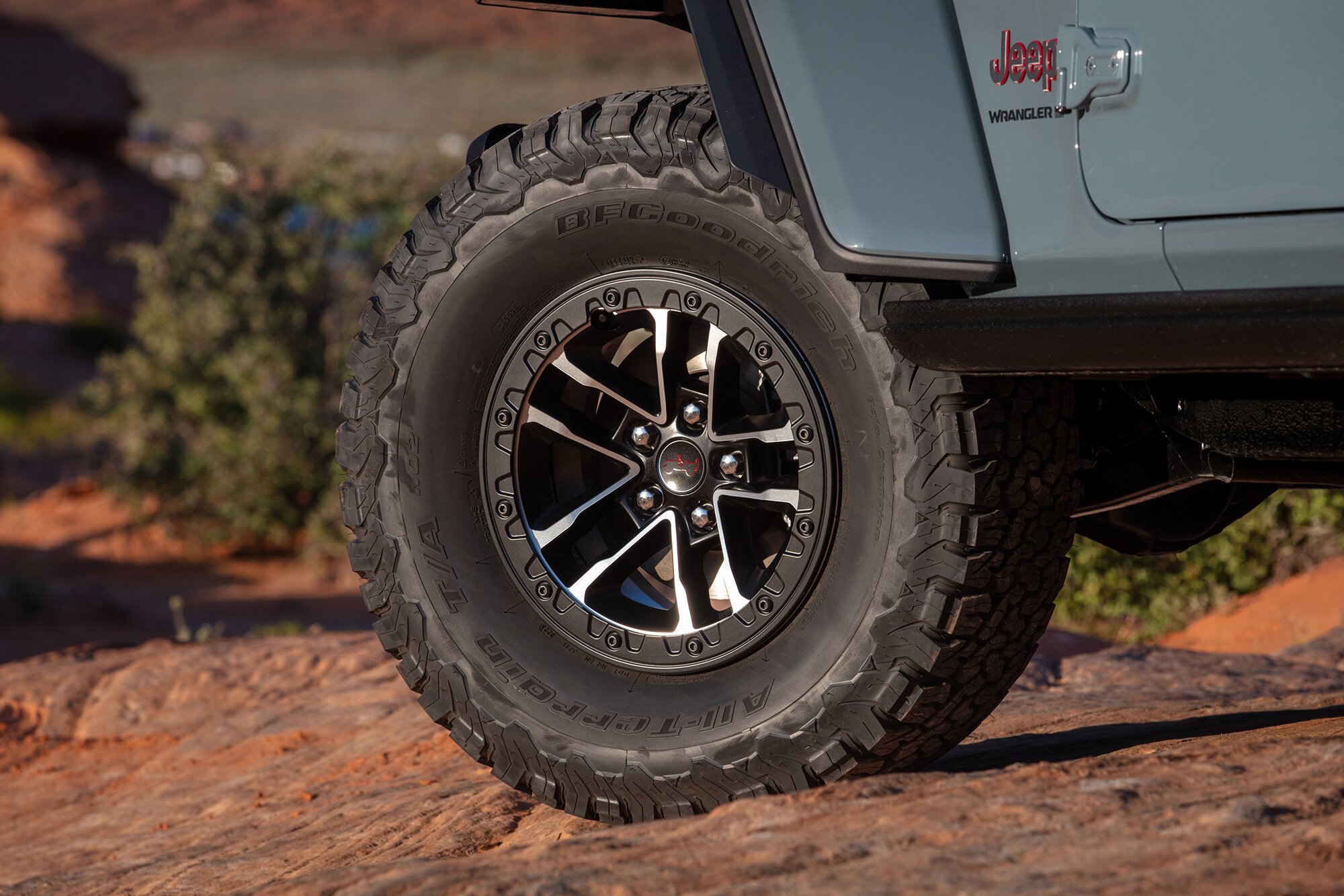 Jeep wheel showing its bolt pattern on a Wrangler.