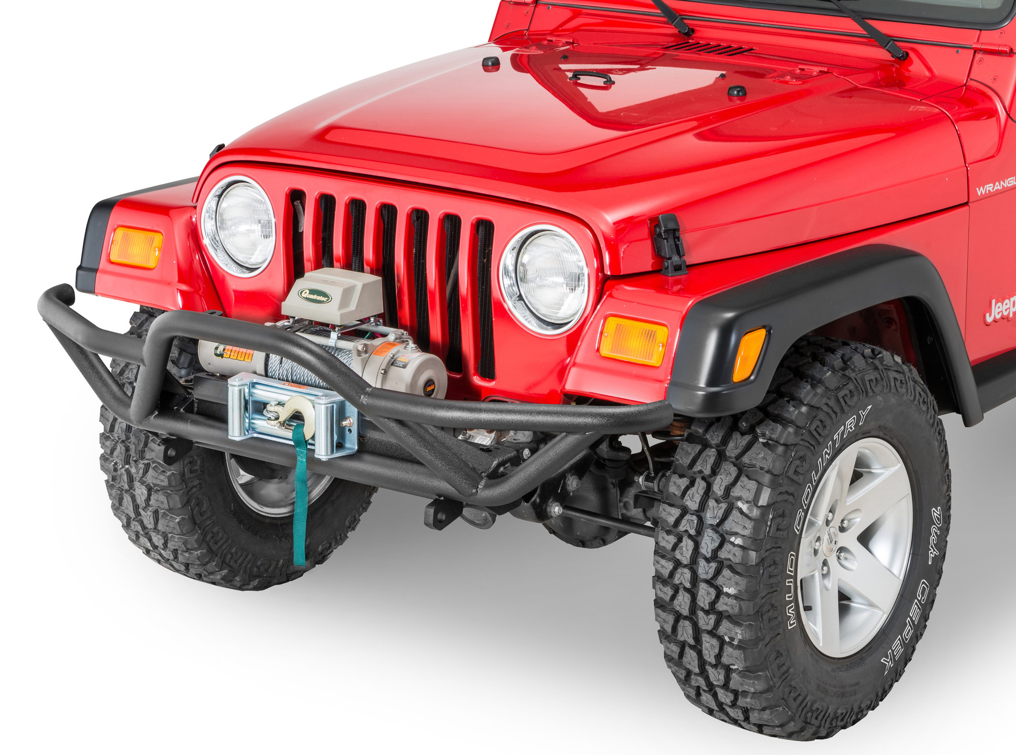 Quadratec qrc front bumper with q9000 self recovery winch in gray and