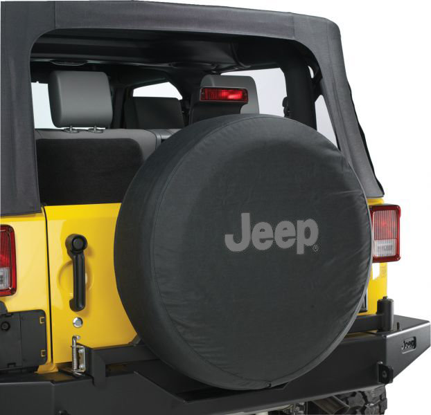 Mopar Jeep Logo Tire Cover in Black Denim with Gray Jeep Logo Quadratec