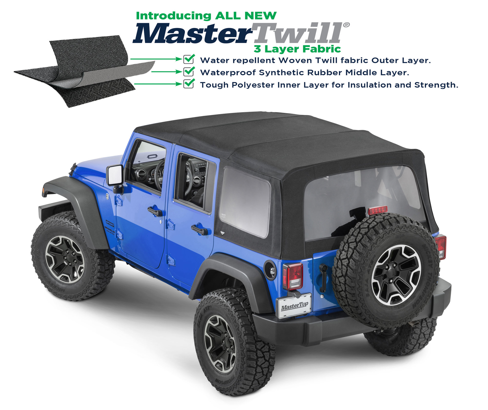 MasterTop Replacement Soft Top with Tinted Windows in MasterTwill® Fabric  for 07-18 Jeep Wrangler JK 4 Door | Quadratec