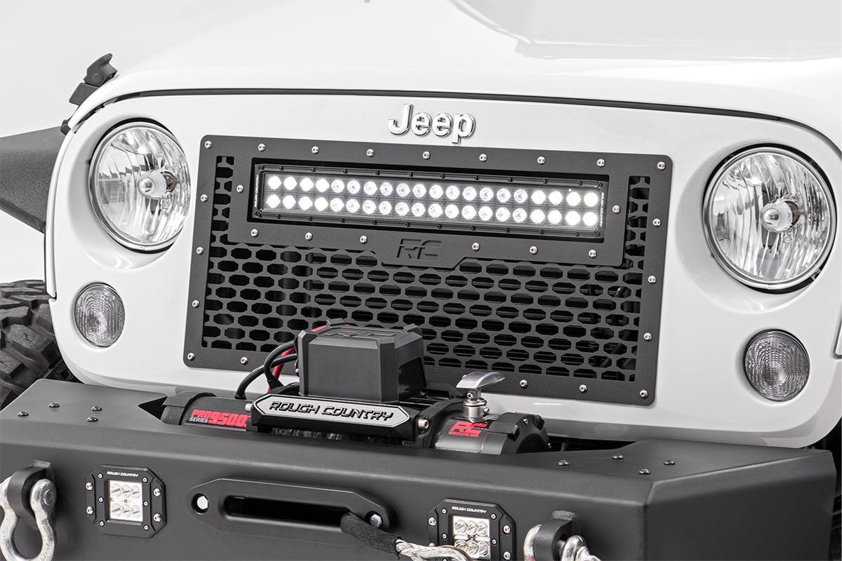 Rough Country Mesh Grille with 20in LED Light Bar for 07-18 Jeep Wrangler  JK | Quadratec