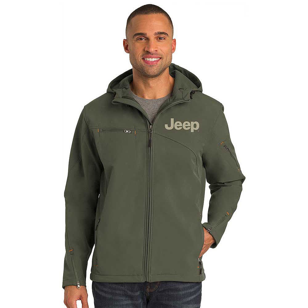 Jeep Merchandise Mens Jeep Hooded Softshell Jacket in Mineral Green |  Quadratec