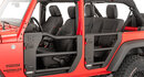 Jeep tube doors on a red Wrangler with white background