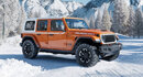 Orange Jeep on a snowy road with a mountain background