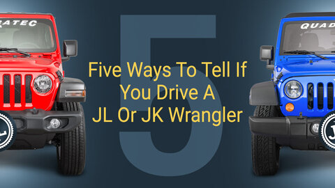 Red and blue Jeep Wranglers with text on a black background