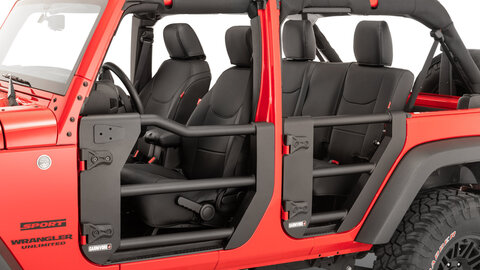 Jeep tube doors on a red Wrangler with white background
