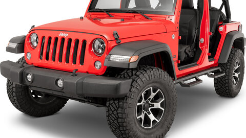 Red Jeep Wrangler with no doors, and aftermarket wheels and tires.