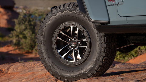 Jeep wheel showing its bolt pattern on a Wrangler.